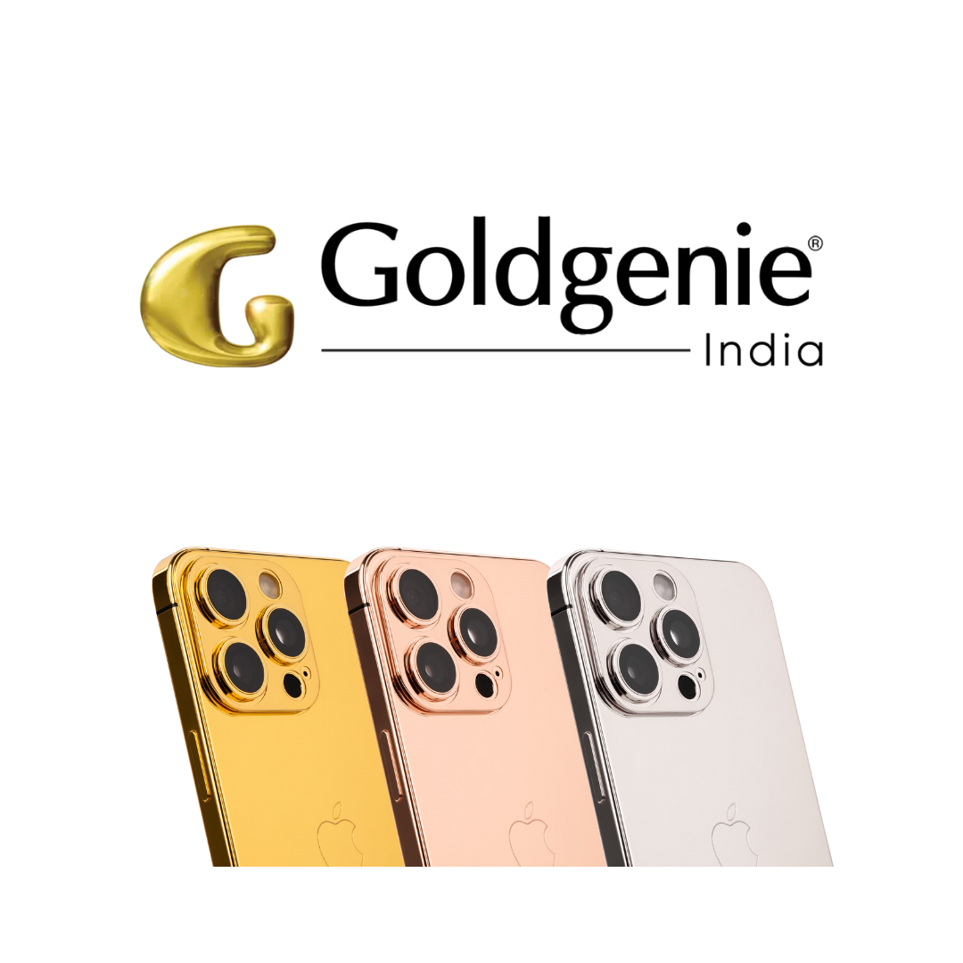 Three smartphones in gold, rose gold, and silver on a white background with Goldgenie India branding.