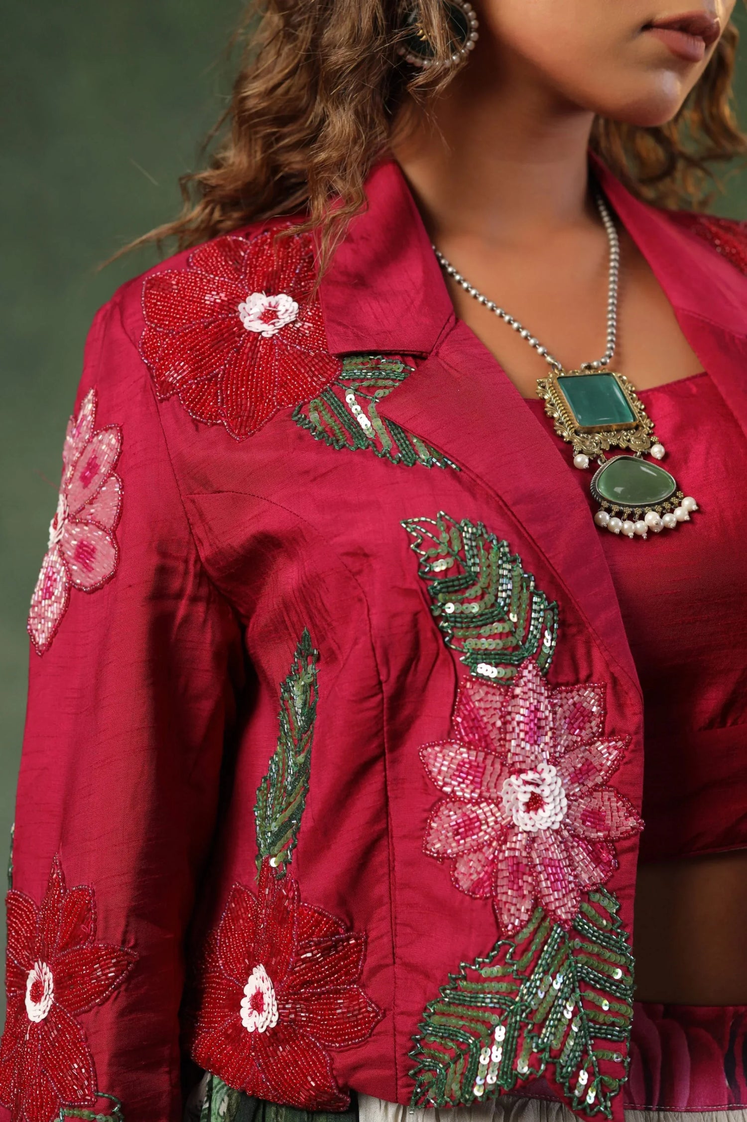 Crimson Bloom Jacket Lehenga Set - Taishina